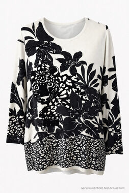 Perri New York Women's Sweater Top 1X Black White Animal Print Floral Beading
